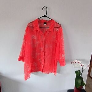 Salon Studio Sheer Floral Blouse 3X Neon Coral Button Up Lightweight Top